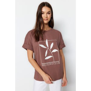 Trendyol Brown 100% Cotton Printed Relaxed/Wide Relaxed Cut Crew Neck Knitted T-Shirt