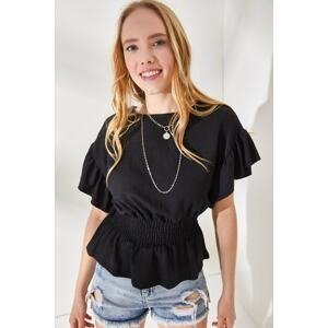 Olalook Women's Black Bat Blouse with Elastic Waist and Frilled Sleeves
