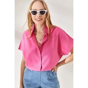 Olalook Women's Pink Bat Oversize Linen Shirt