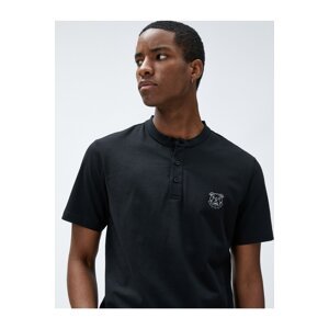 Koton Collar T-Shirt Knoflíky Pes Vyšívané Slim Fit Bavlna