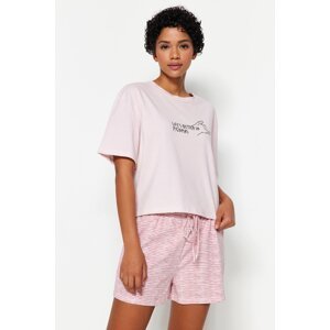Trendyol Powder Striped Motto Printed Cotton T-shirt-Shorts Knitted Pajamas Set