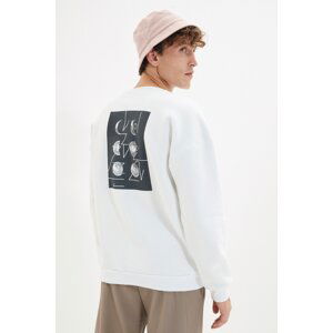 Trendyol White Oversize/Wide-Fit Crew Neck Space Printed Fleece Sweatshirt