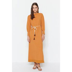 Trendyol Cinnamon Belt Detailed Wide Cuff Linen Look Woven Dress