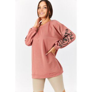 armonika Women's Dusty Rose Round Neck Sleeve Embossed Tunic