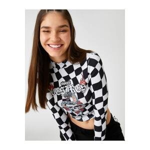 Koton Long Sleeve T-Shirt Crop Stand Collar Checkered Printed