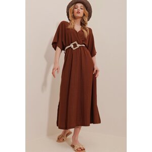 Trend Alaçatı Stili Women's Brown Double Breasted Neck Waist Belted Midilength Dress