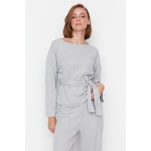 Trendyol Gray Sash Detail Ribbed Wide Fit Knitted Pajamas Set