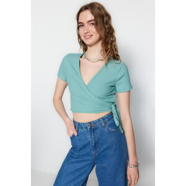 Trendyol Mint Tie Detailed Fitted Double Breasted Crop Ribbed Stretchy Knitted Blouse