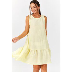 armonika Women's Light Yellow Sleeveless Skirt Frilly Patterned Dress