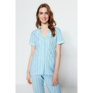 Trendyol Light Blue Cotton Striped Piping Detailed Sleep Tape Knitted Pajama Set