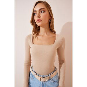 Happiness İstanbul Women's Cream Square Collar Corduroy Knitted Blouse