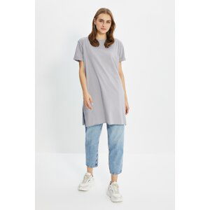 Trendyol Gray 100% Cotton Basic Short Sleeve Slit Single Jersey T-Shirt