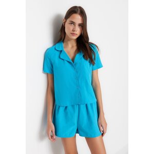 Trendyol Blue Terrycotton Shirt-Shorts Woven Pajama Set