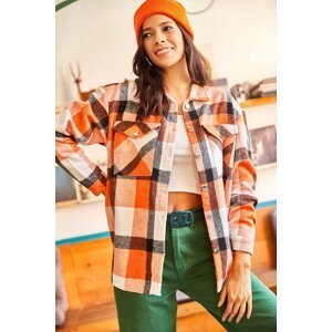 Olalook Women's Orange Ecru Plaid Double Pocket Oversize Cachet Shirt