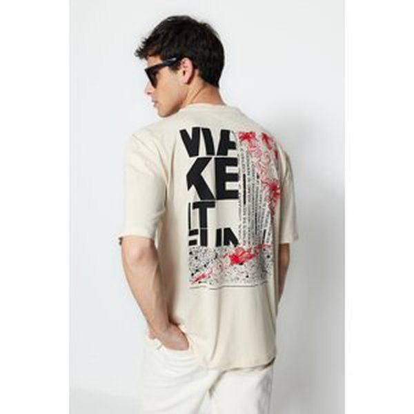 Trendyol Stone Relaxed/Comfortable Cut Text Printed 100% Cotton T-Shirt