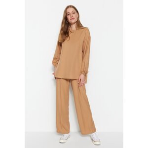 Trendyol Camel Ribbed Stitched Woven Crepe Tunic-Pants Set