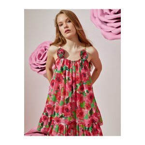 Koton Floral Pattern Thin Strap Dress Bow Detailed