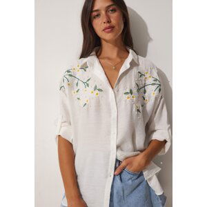 Happiness İstanbul Women's White Pearl Embroidered Oversize Ayrobin Shirt