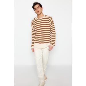 Trendyol Cinnamon Crew Neck Oversize Striped Knitwear Sweater