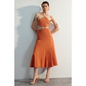 Trendyol Cinnamon Skater/Waist Opening Window Detail Midi Woven Linen Blended Dress