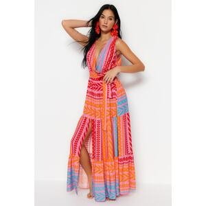Trendyol Geometric Patterned Belted Maxi Weave Ruffled Beach Dress