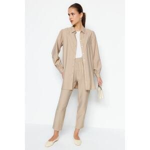Trendyol Camel Linen Look Shirt-Pants Woven Set