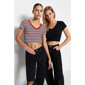 Trendyol Red Striped-Black 2 Pack Fitted V-Neck Crop Ribbed Knitted Blouse