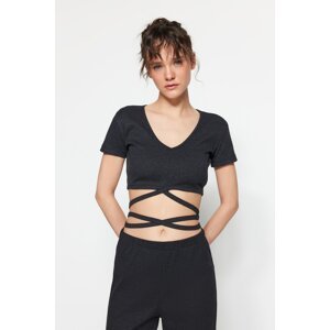 Trendyol Anthracite Tie Detailed Corded Crop Knitted Blouse