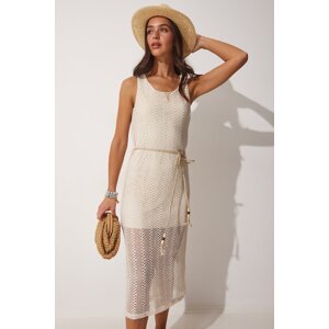 Happiness İstanbul Women's Cream Knitted Dress With A Rope Belt and Lace Texture
