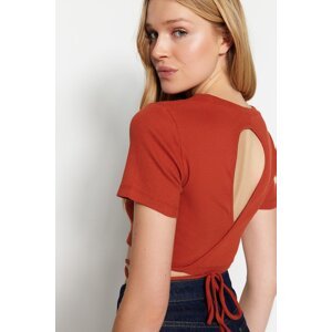 Trendyol Orange Back Detailed Tie-Up Fitted Crew Neck Ribbed Crop Blouse