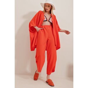 Trend Alaçatı Stili Women's Orange Self-Textured Trousers And Jacket With Slit Legs Double Suit