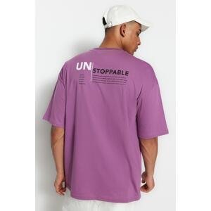 Trendyol Plum Men's Oversize Fit Text Printed Short Sleeve 100% Cotton T-Shirt