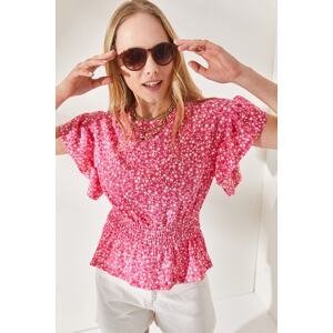 Olalook Women's Floral Pink Bat Blouse with Elastic Waist Frilly Sleeve