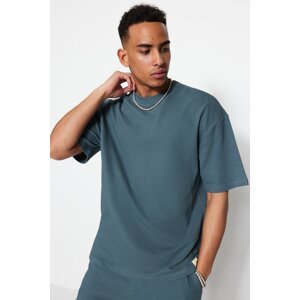 Trendyol Limited Edition Petrol Relaxed Label Embroidered Textured T-Shirt