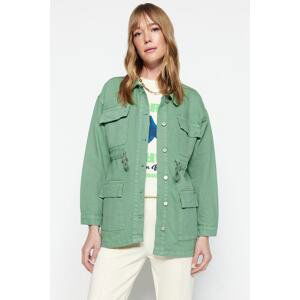 Trendyol Dark Green Waist Gathered Belt Denim Double Pocket Denim Jacket