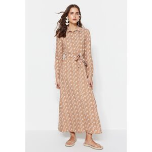 Trendyol Camel Belted Floral Pattern Woven Shirt Dress