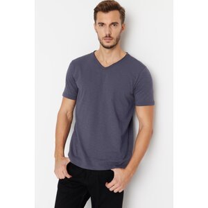 Trendyol Anthracite Basic Regular/Normal Fit V Neck 100% Cotton Flamed Single Jersey T-Shirt