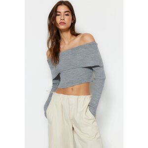 Trendyol Light Gray Super Crop Carmen Collar Knitwear Sweater