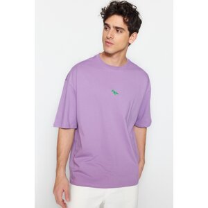 Trendyol Plum Men's Oversize/Wide Cut Dinosaur Embroidered Short Sleeve 100% Cotton T-Shirt