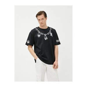Koton Oversize tričko s krátkým rukávem Tričkový výstřih s potiskem bavlny