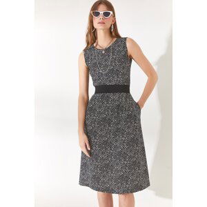 Olalook Women's Black Patterned Flared Dress With Pocket