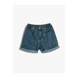 Koton Girls' Clothing Denim Shorts with Elastic Waist Buttons Pocket Cotton 3skg40061ad Medium Indigo Medium Indigo