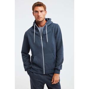 GRIMELANGE Core Men's Zippered High Collar Hooded Corded Navy Blue Sweatshirt with Fleece Inside