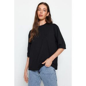 Trendyol Black 100% Cotton Premium Oversize/Wide Fit Three Quarter Sleeve Knitted T-Shirt