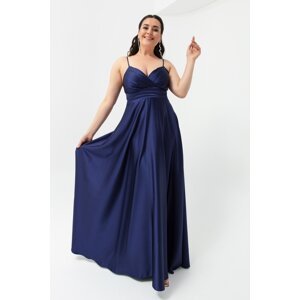 Lafaba Women's Navy Blue Rope Strap Plus Size Satin Long Evening Dress &; Graduation Dress