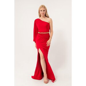 Lafaba Women's Red One-Shoulder Chain Long Evening Dress