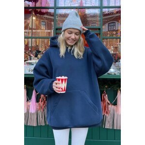 Madmext Navy Blue Hooded Ribbed Oversize Sweatshirt