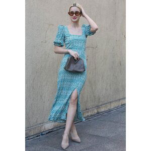 Madmext Turquoise Square Collar Patterned Long Dress