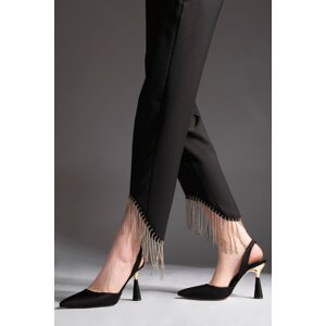 Marjin Women's Stiletto Pointed Toe Gold Heel Detail Open Back with a scarf and heeled shoes Yolez Black.
