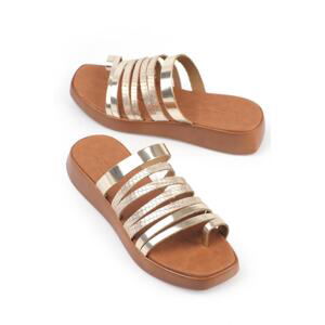 Capone Outfitters Capone Toe Detail Multi-Stripes Gold Women's Leather Slippers.